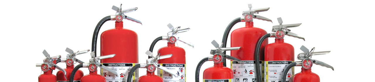 Top half of several portable fire extinguishers