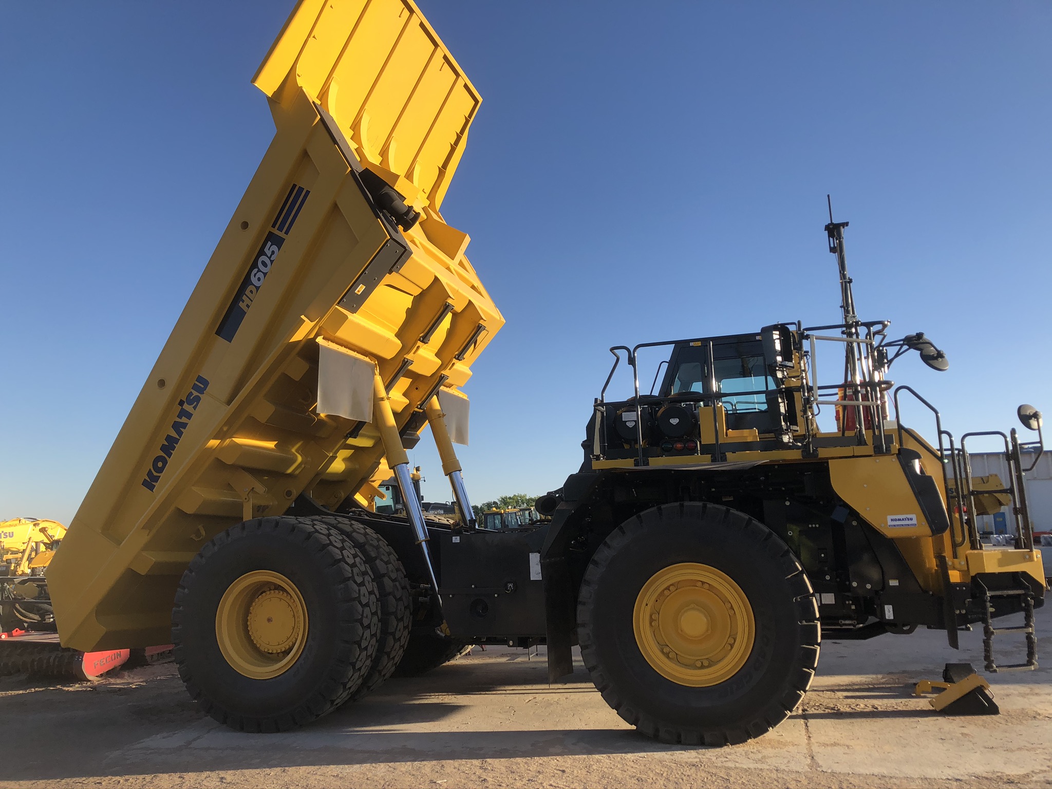 Dump truck with bed raised